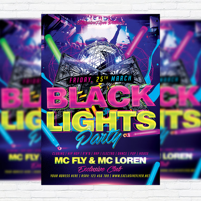 black light party premium flyer template facebook glow in the dark party flyer
