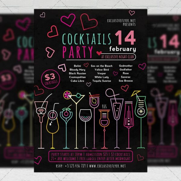 Download Valentines Cocktails Party PSD Flyer Template Now