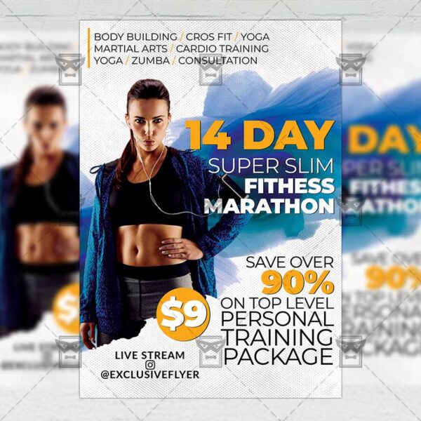 Online Fitness Marathon Template - Flyer PSD + Instagram Ready Size